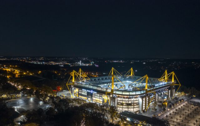 Aerial view over Westfalenstadion, the home stadium of Borussia football club. Dortmund / Germany - October 2020