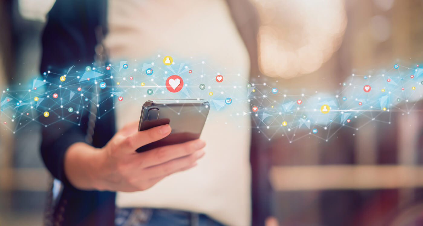 Social media and digital online concept, woman using smartphone checking internet download speed uk