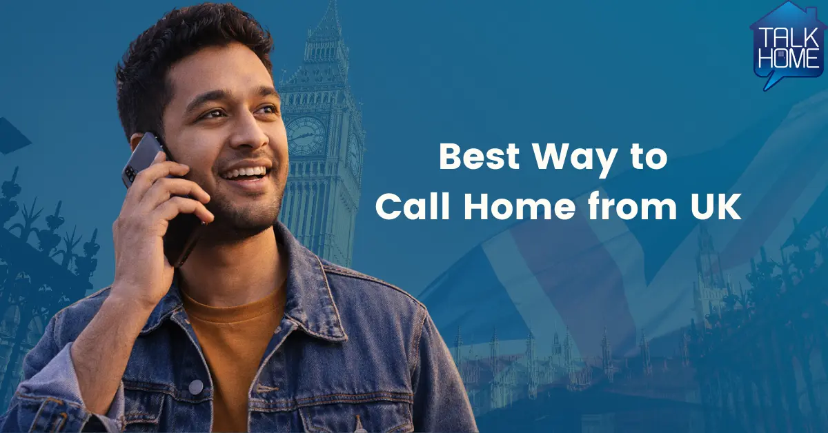 Man smiling while talking on mobile phone with London background, illustrating how to make international calls from the UK