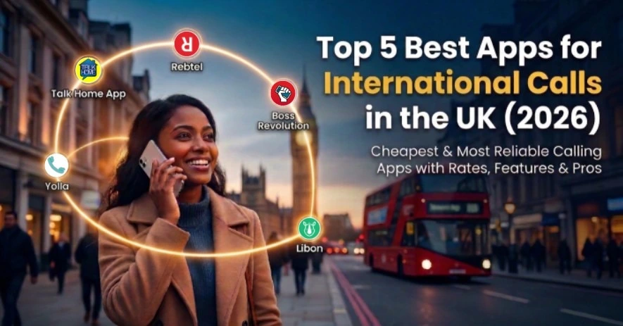 Best App for International Calls in UK comparison showing Talk Home App, Rebtel, Yolla, Libon and Boss Revolution