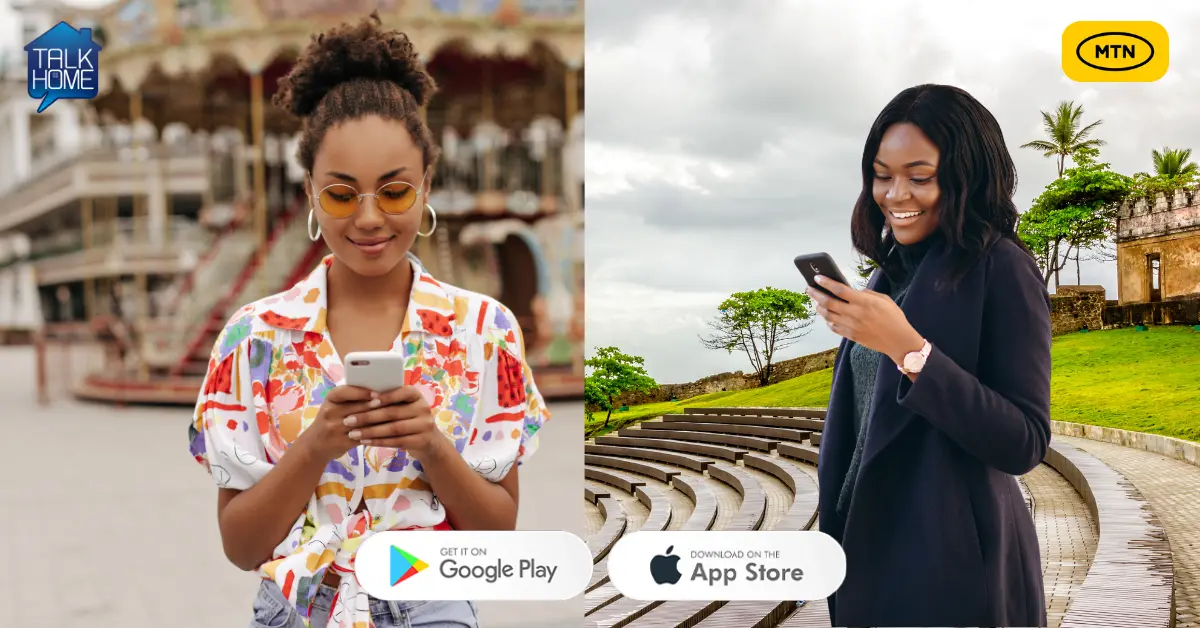 Two women using smartphones outdoors, promoting MTN Nigeria mobile top-up via Talk Home app with Google Play and App Store download options, illustrating how to top up MTN Nigeria from the UK.