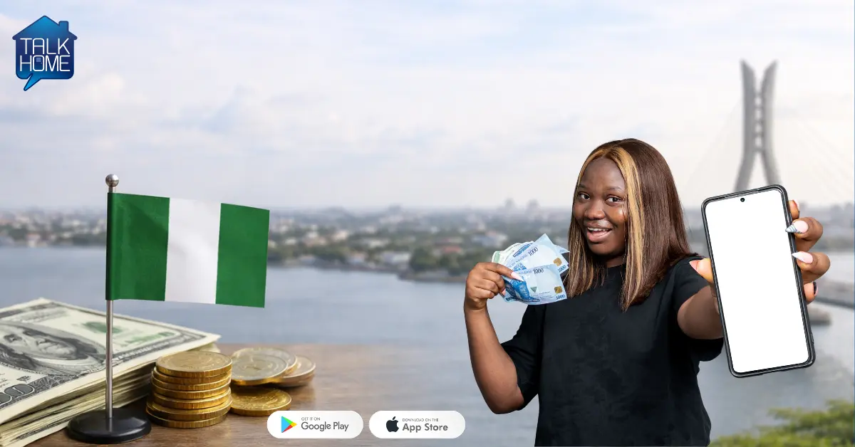 Woman holding smartphone and Nigerian naira cash with Nigeria flag and city background representing mobile top up Nigeria services.
