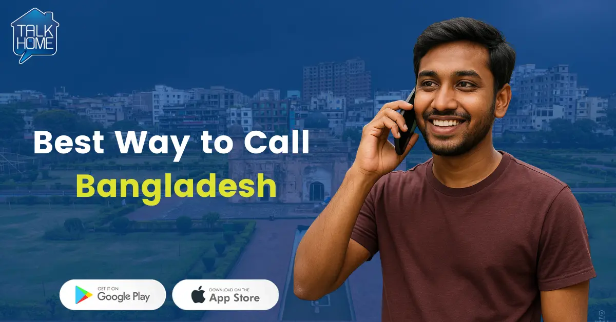 Smiling man talking on smartphone with city background, promoting cheap international calls to Bangladesh via mobile app.