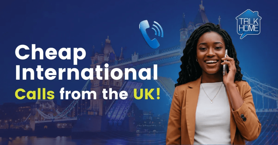 Cheap International Calls from the UK – Woman making a phone call with London Tower Bridge in the background promoting affordable overseas calling.