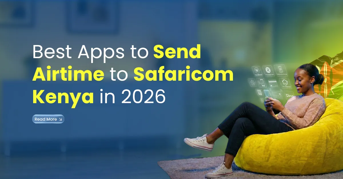 Best apps to send airtime to Safaricom Kenya in 2026, showing a woman using her phone to send mobile top-up online.