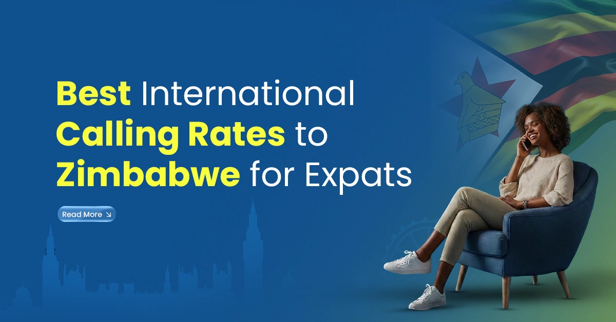 Best international calling rates to Zimbabwe for expats, showing a woman happily talking on the phone with a Zimbabwe-themed background.