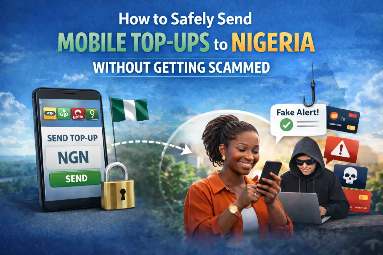 Illustration showing how to send airtime to Nigeria securely, featuring a smartphone with mobile network options, a Nigerian flag, a secure payment icon, a happy user sending top-up, and warning symbols about scams in the background.