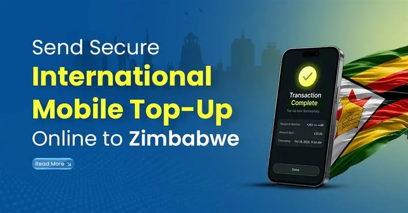 Send airtime to Zimbabwe securely online with a mobile top-up confirmation screen and Zimbabwe flag background