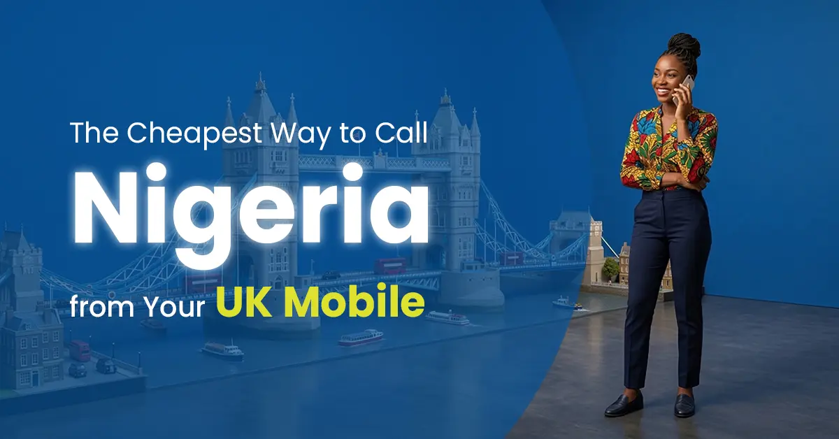A smiling woman talking on her mobile phone with a London city backdrop, illustrating how to call Nigeria from UK affordably.