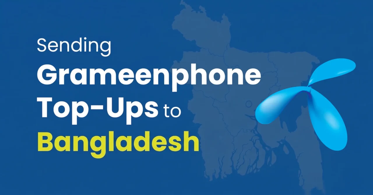 Banner showing “Sending Grameenphone Top-Ups to Bangladesh” with a blue background, Bangladesh map outline, and Grameenphone logo graphic, representing an online service to send Grameenphone top-up Bangladesh easily and securely.