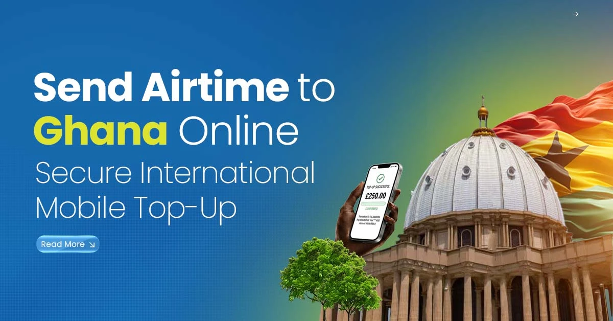 Send airtime to Ghana online with secure international mobile top-up shown on smartphone beside Ghana-themed background