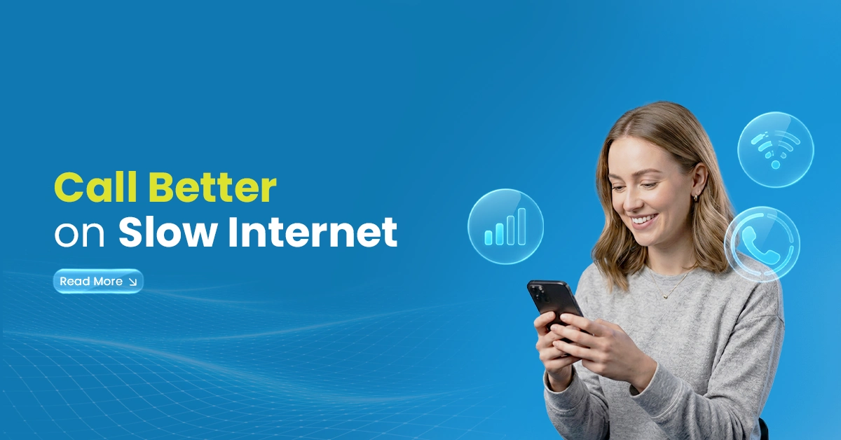 Call better on slow internet with a smiling woman using a smartphone and connectivity icons on a blue background