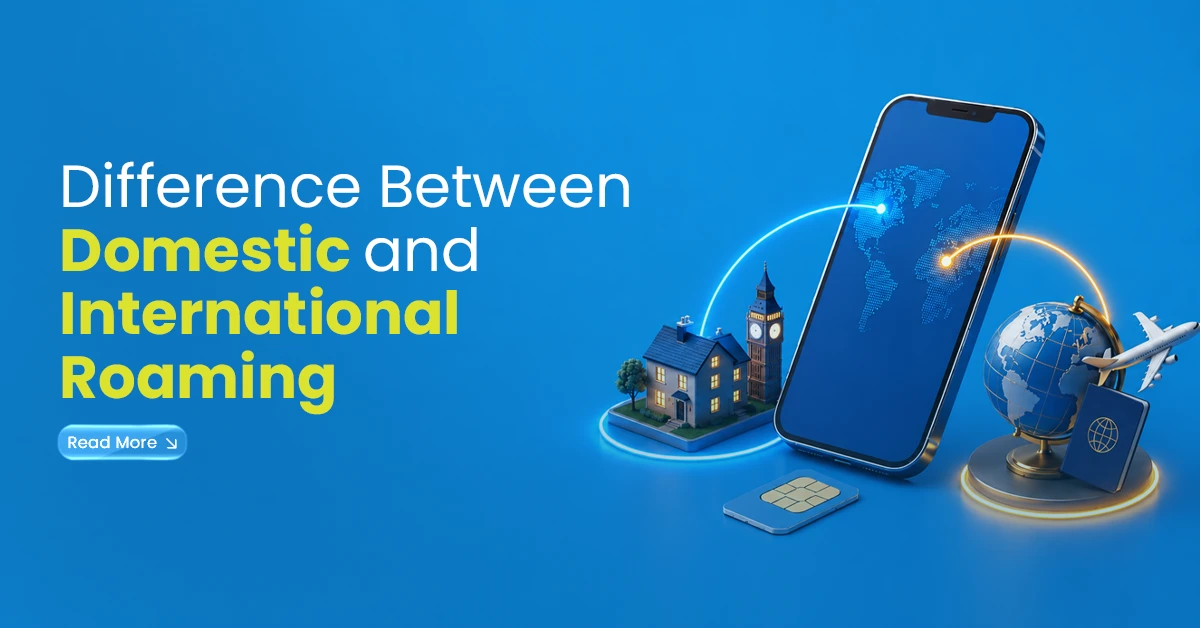 Illustration showing the difference between domestic and international roaming with smartphone, globe, passport, airplane and travel elements on a blue background