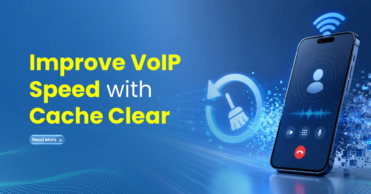 Smartphone showing a VoIP call screen with a Wi-Fi signal icon and cache-clearing symbol, promoting improved VoIP speed through cache clearing.