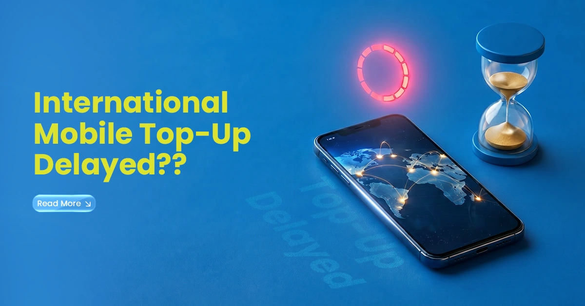 Blue banner showing an international mobile top-up delayed message with a smartphone, global map and hourglass