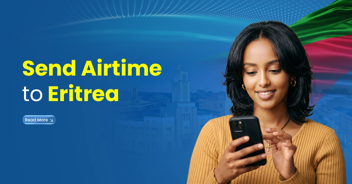 Send airtime to Eritrea online with a smiling woman using a smartphone on a blue promotional banner
