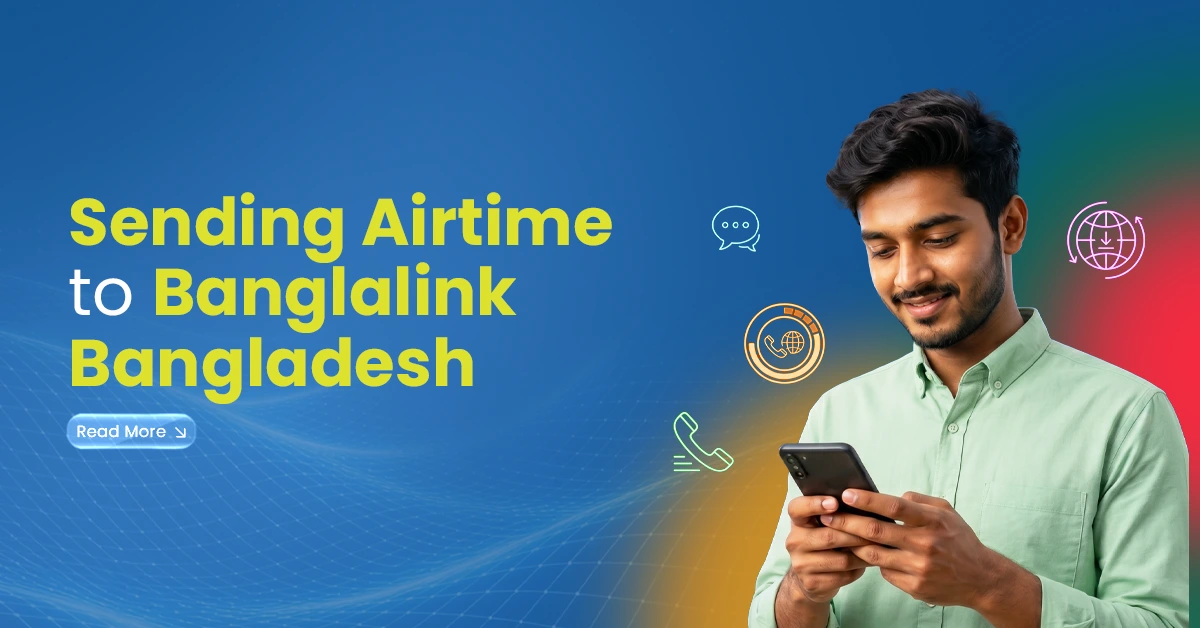 Sending Airtime to Banglalink Bangladesh online, showing a Bangladeshi man using his phone with digital call and top-up icons in the background.