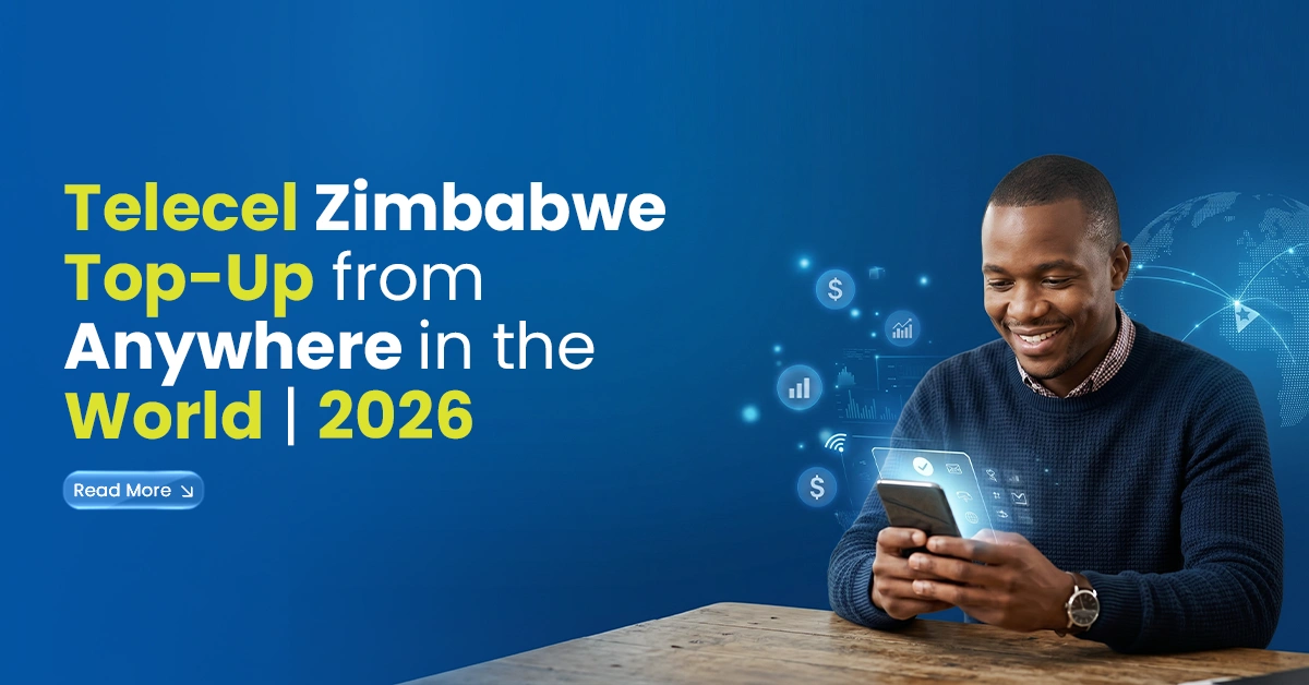 Telecel Zimbabwe top-up from anywhere in the world in 2026, featuring a smiling man using a smartphone with digital payment icons