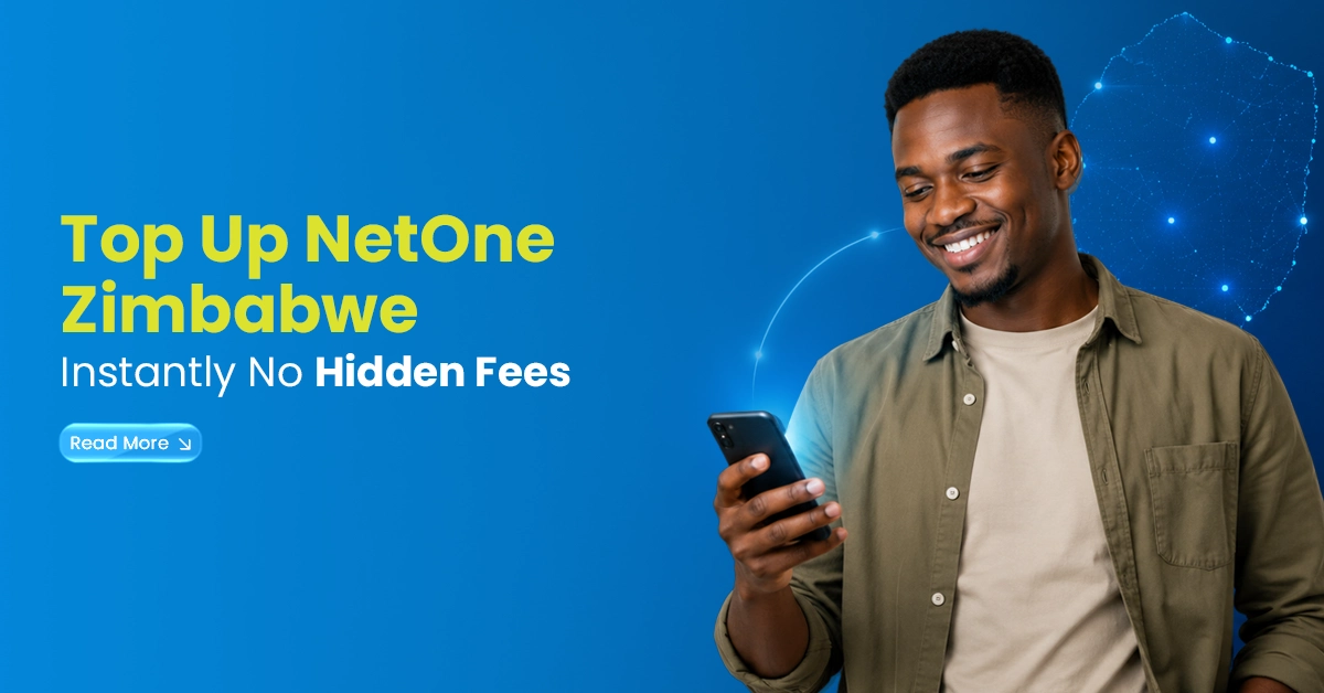 Top up NetOne Zimbabwe instantly with no hidden fees, featuring a smiling man using a smartphone on a blue background
