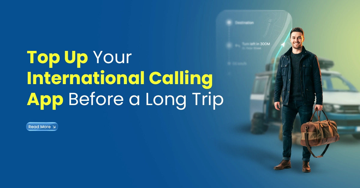 Man with travel bag standing near a car, highlighting topping up an international calling app before a long trip.