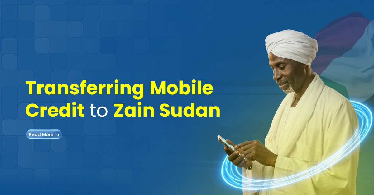 Man in traditional Sudanese clothing using a phone on a blue banner promoting mobile credit transfer to Zain Sudan.