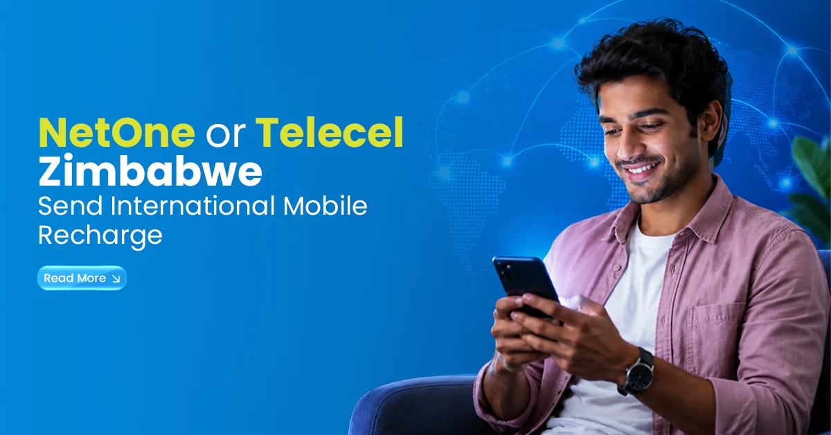 NetOne or Telecel Zimbabwe international mobile recharge banner with a smiling man using a smartphone on a blue background