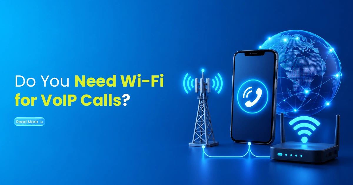 Tech banner showing a smartphone, Wi-Fi router, signal tower and connected globe, representing whether Wi-Fi is needed for VoIP calls.