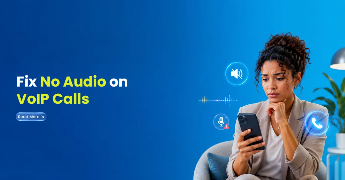 Woman looking concerned while using a smartphone during a VoIP call, with microphone, muted audio, and call icons on a blue background.