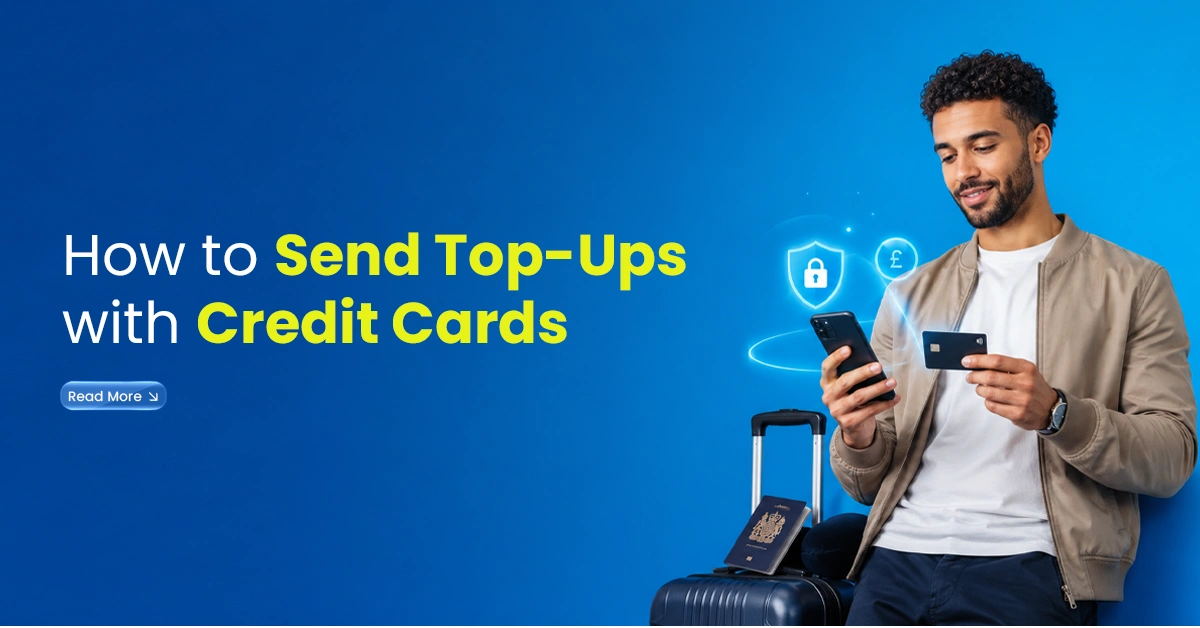 Banner showing a traveller holding a credit card and smartphone beside a suitcase, representing safe mobile top-ups using a credit card.