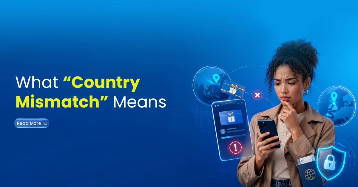 Banner showing a woman looking confused at her phone with location, passport, warning and security icons, representing a country mismatch issue during app or account verification.