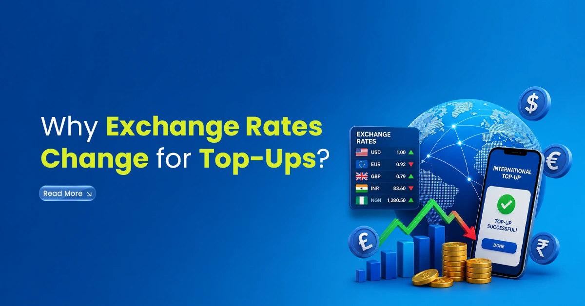 Digital banner showing currency symbols, exchange rates, coins, a graph and a mobile top-up screen, representing why exchange rates change for international top-ups.