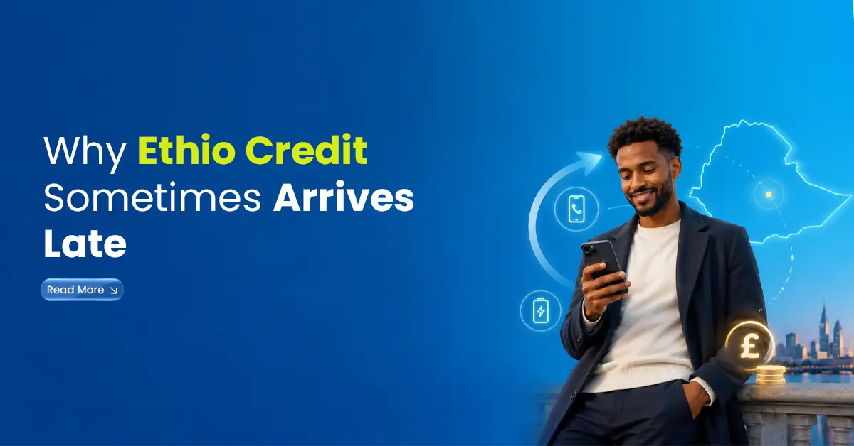 Man checking his smartphone with Ethiopia map, phone credit icons, and pound coin visuals, showing delayed Ethio credit arrival.