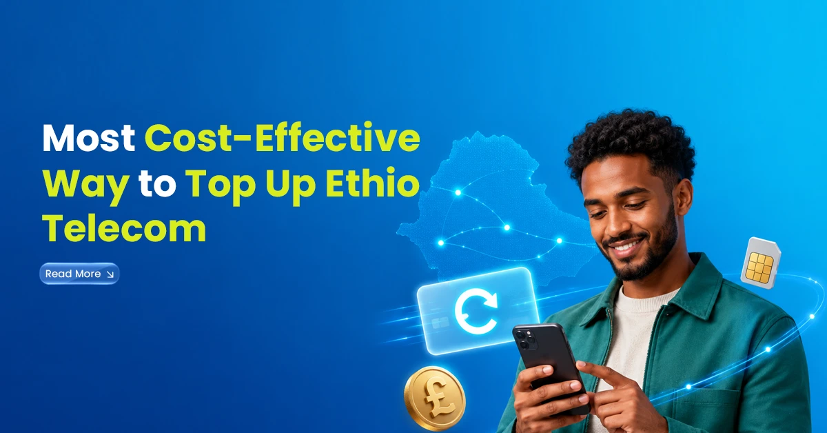 Man using a smartphone with Ethio Telecom top-up visuals, Ethiopia map, SIM card, and pound coin on a blue Talk Home-style background.