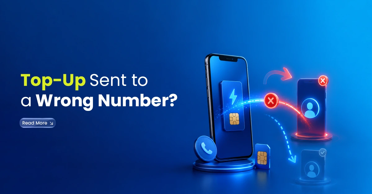 Mobile top-up transfer showing a wrong number error with phones, SIM cards, and warning icons on a blue background.