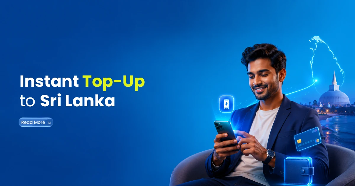 Man using a smartphone to send an instant mobile top-up to Sri Lanka, with Sri Lanka map, payment card, and wallet visuals.