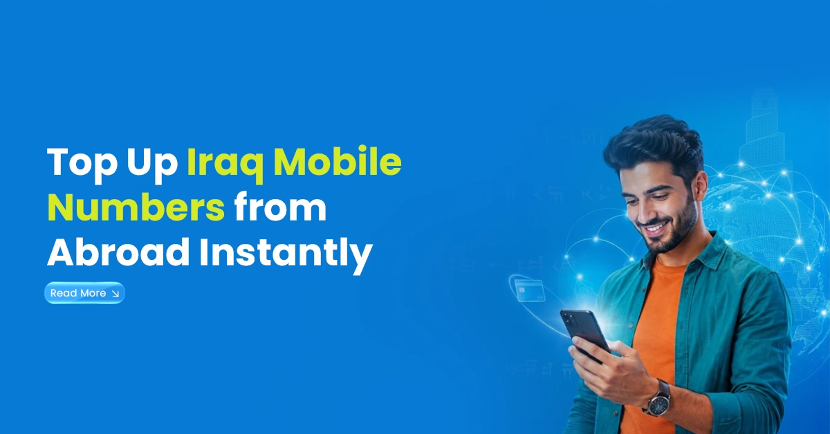 Man using a smartphone with global mobile top-up visuals, showing instant Iraq mobile number recharge from abroad.