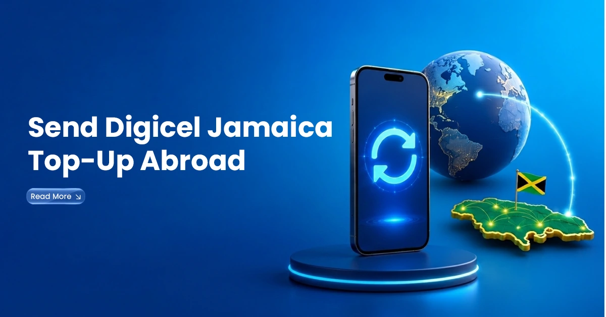Smartphone with mobile top-up icon beside a globe and Jamaica map, showing Digicel Jamaica top-up from abroad.