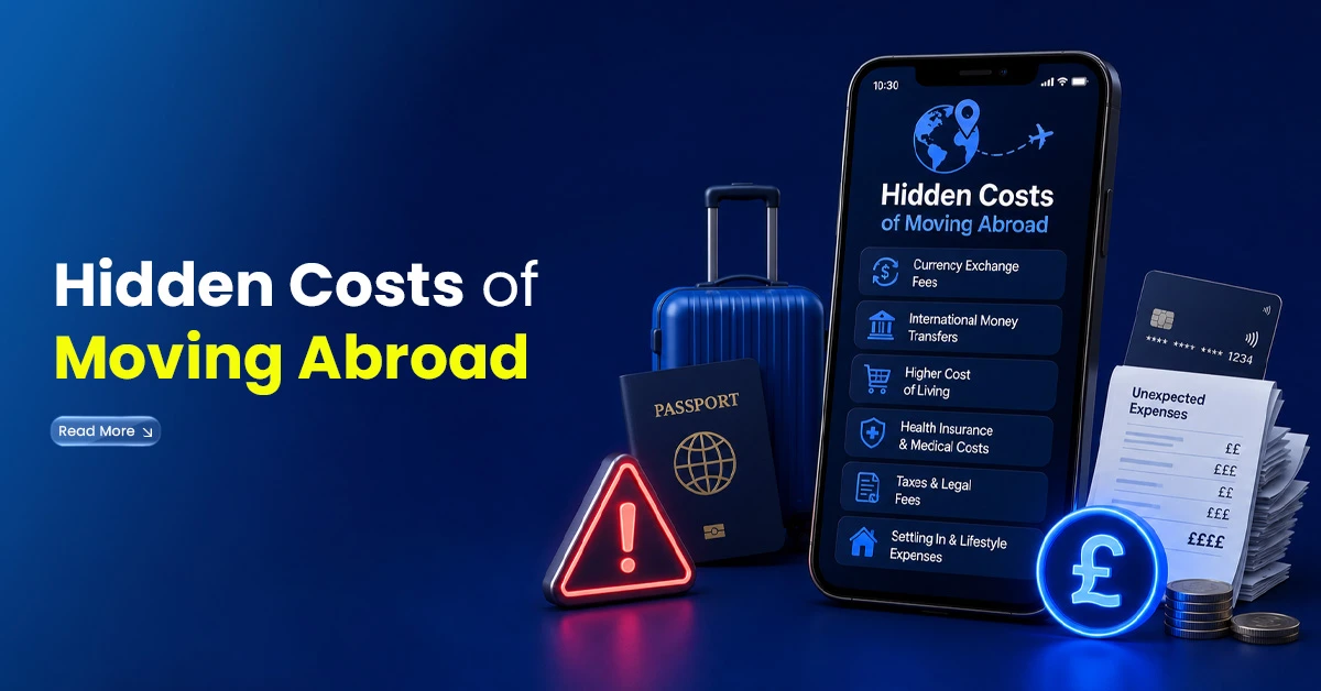 Digital banner showing travel and money items, including a passport, suitcase, phone, warning sign, bills and pound symbol, representing hidden costs of moving abroad.