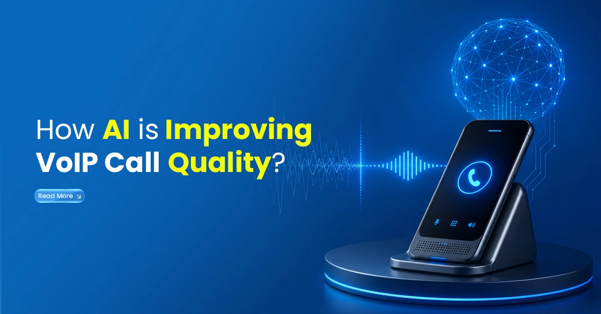Blue tech banner showing a smartphone, AI network globe and voice waveforms, representing how artificial intelligence improves VoIP call quality.