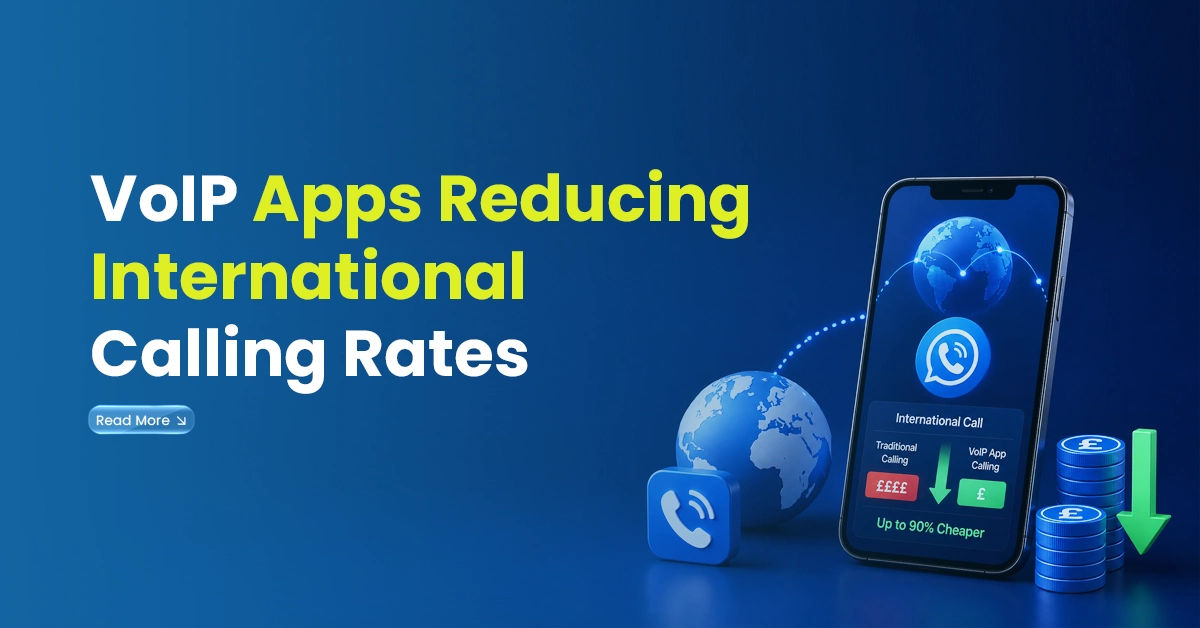 Digital banner showing a smartphone, globe, call icons, coins and a downward arrow, representing how VoIP apps reduce international calling rates.