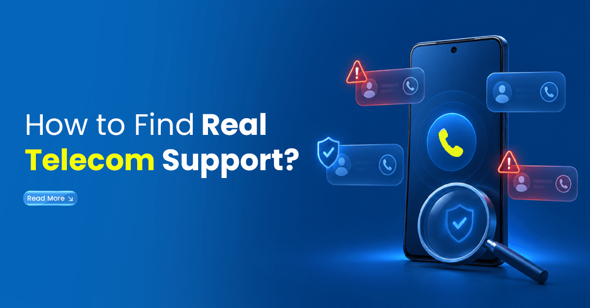 How to find real telecom support banner with a smartphone, security icons and warning alerts on a blue background