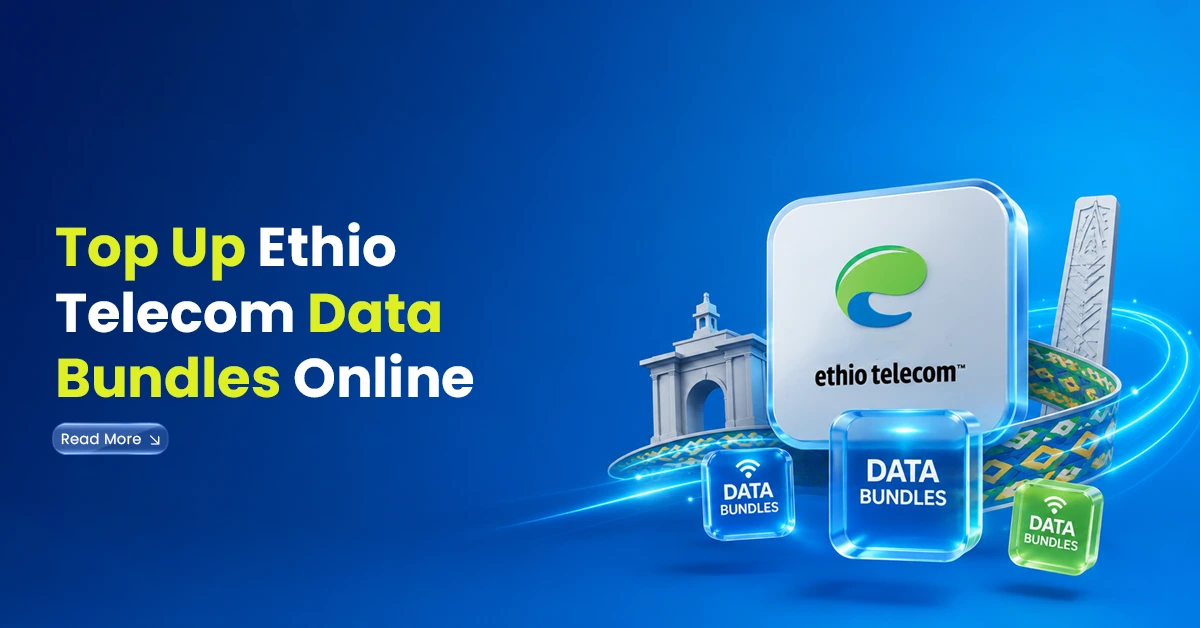 Ethio Telecom data bundle visuals with Ethiopian landmarks, data bundle cubes, and digital connection lines showing online data recharge.