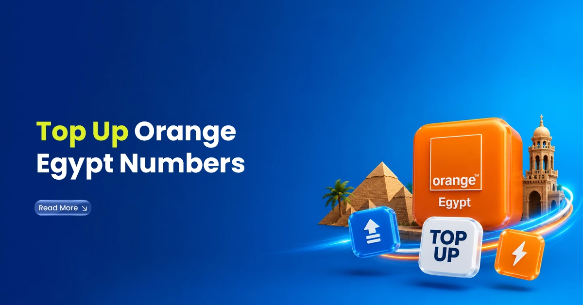 Orange Egypt top-up visuals with pyramids, Egypt landmarks, upload icon, and top-up cubes showing instant recharge for Orange Egypt numbers.