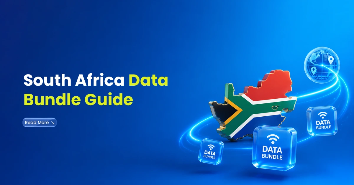 South Africa map with data bundle icons, digital connection lines, and globe visuals showing a guide to recharging internet bundles from overseas.