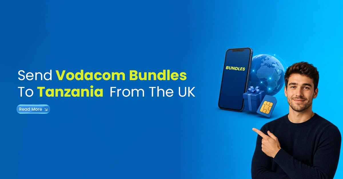 Man pointing at vodacom Tanzania bundle visuals with smartphone, SIM card, gift box, and global connection icons on a blue background.
