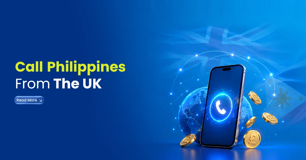Smartphone with call icon, UK and Philippines flag visuals, globe, and pound coins showing international calls to the Philippines from the UK.