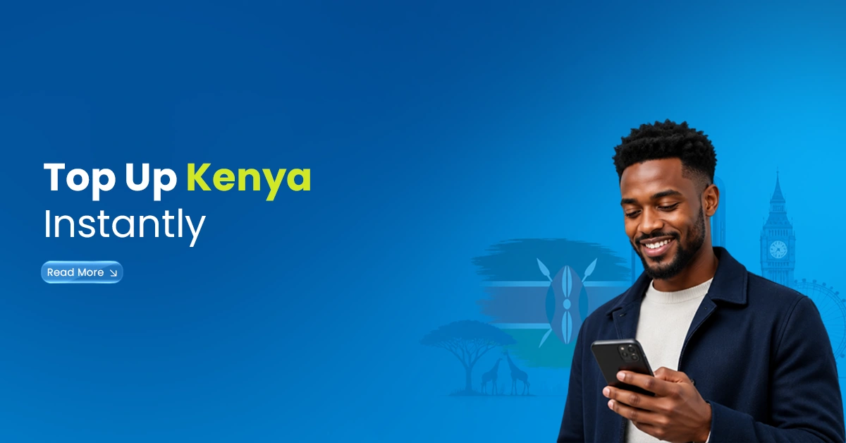 Man using a smartphone with Kenya flag and travel visuals, showing instant mobile recharge to Kenya from abroad.