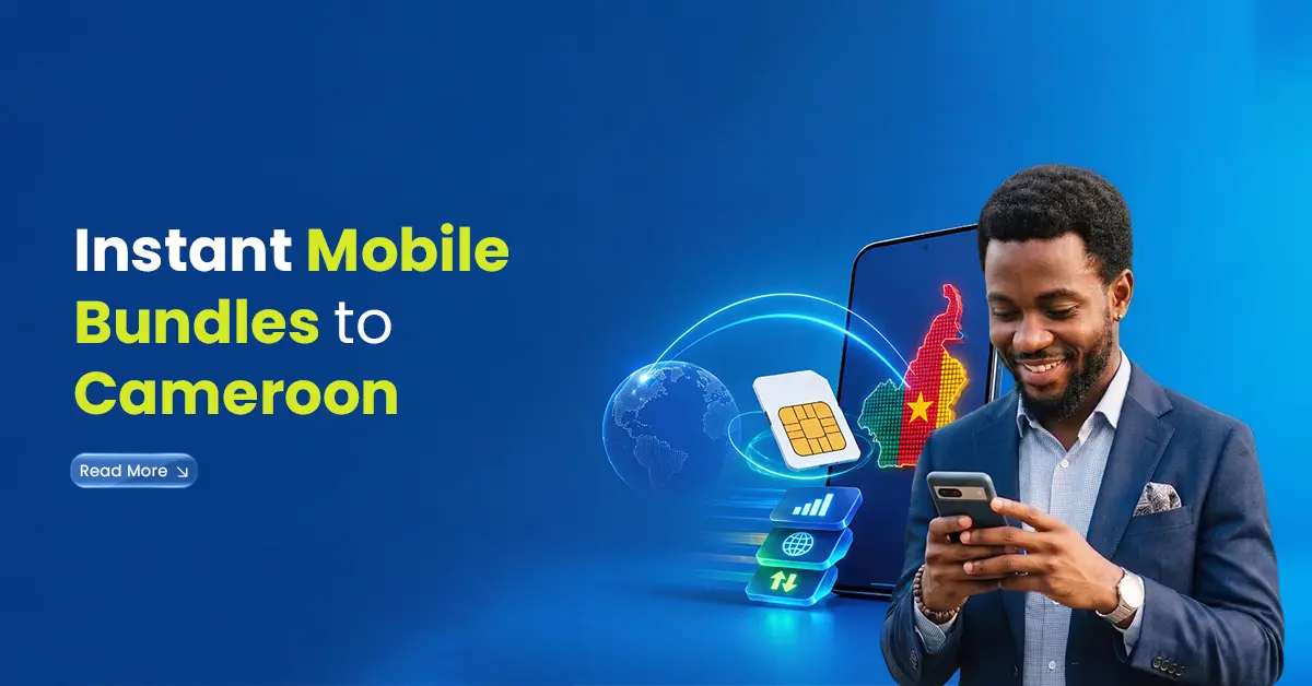 Man using a smartphone with Cameroon map, SIM card, and global connection visuals showing instant mobile bundles sent to Cameroon.
