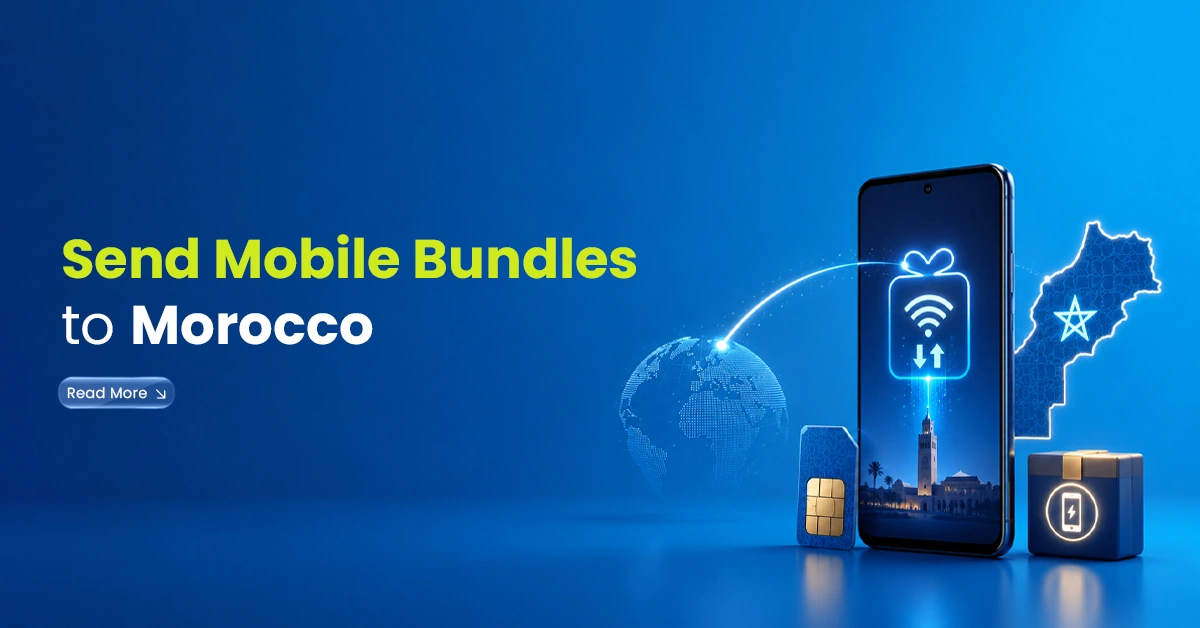 Smartphone sending mobile top-ups to multiple numbers with SIM cards and digital connection lines on a blue background.