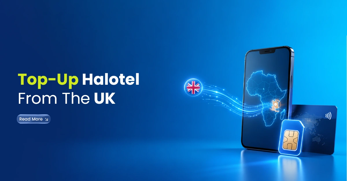 Smartphone showing Africa map, UK flag, SIM card, and payment card visuals for sending Halotel top-up from the UK.